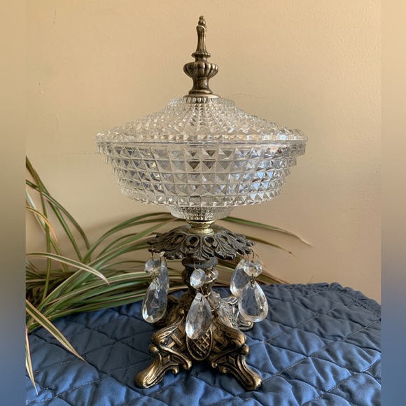 Vintage Brass/Glass Diamond Point Compote Dish - Picture 1 of 10